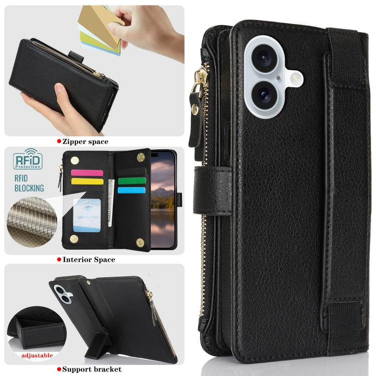 For iPhone 16 Wristband Holder Zipper Purse RFID Leather Phone Case