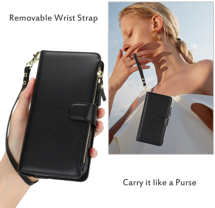 For iPhone 16 Wristband Holder Zipper Purse RFID Leather Phone Case