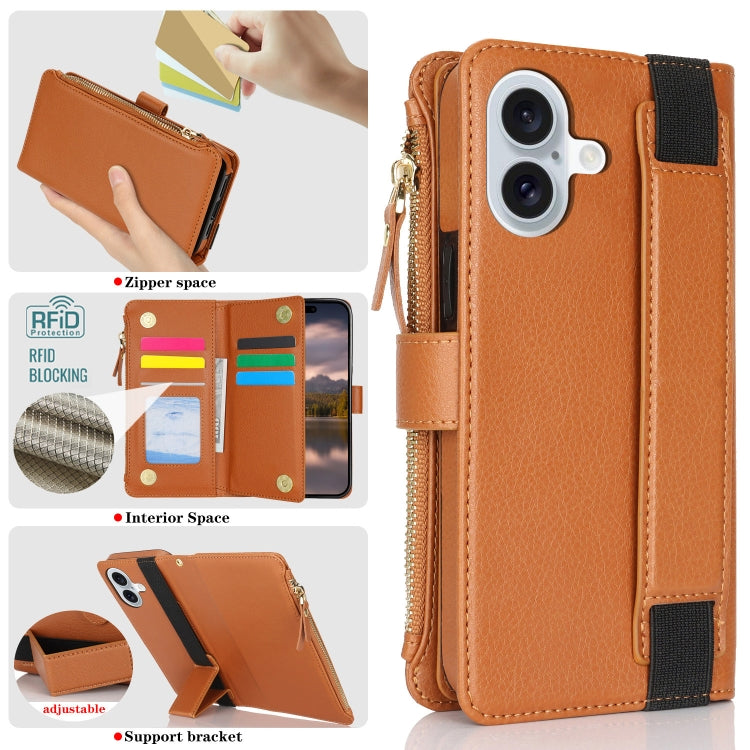 For iPhone 16 Wristband Holder Zipper Purse RFID Leather Phone Case