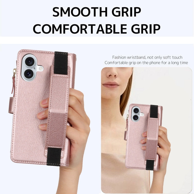 For iPhone 16 Wristband Holder Zipper Purse RFID Leather Phone Case