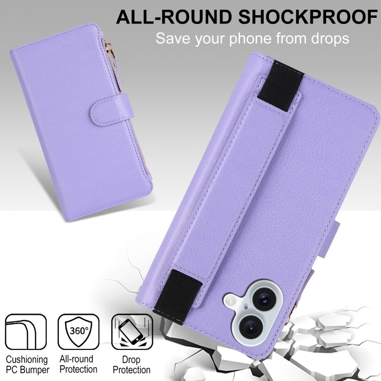 For iPhone 16 Wristband Holder Zipper Purse RFID Leather Phone Case