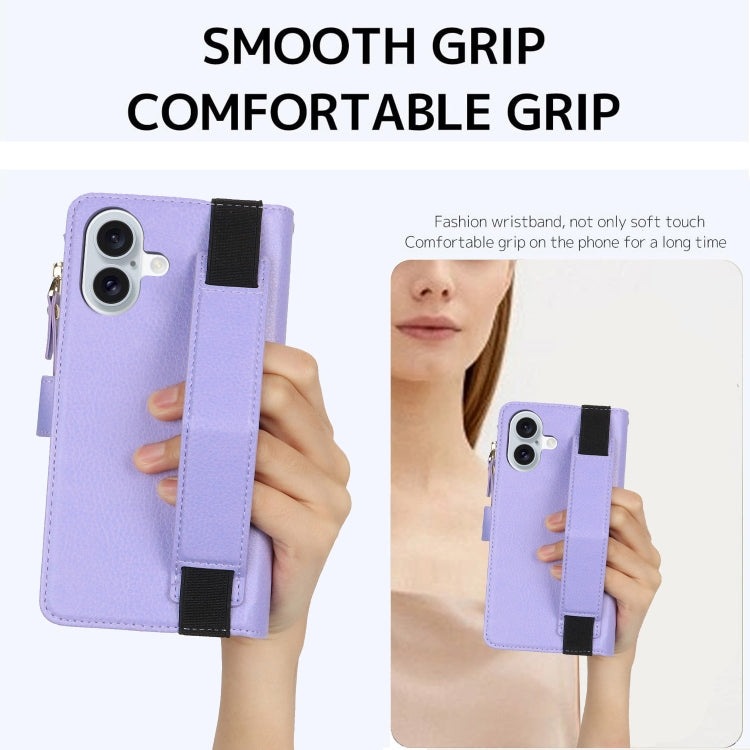 For iPhone 16 Wristband Holder Zipper Purse RFID Leather Phone Case