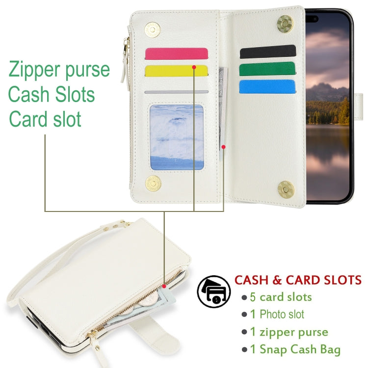 For iPhone 16 Wristband Holder Zipper Purse RFID Leather Phone Case