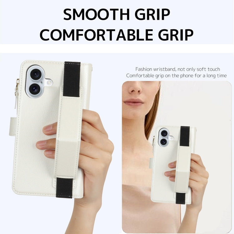 For iPhone 16 Wristband Holder Zipper Purse RFID Leather Phone Case