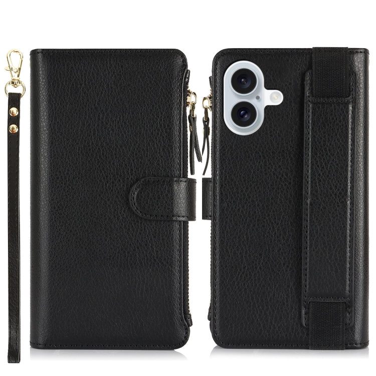 For iPhone 16 Plus Wristband Holder Zipper Purse RFID Leather Phone Case