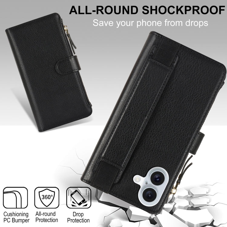 For iPhone 16 Plus Wristband Holder Zipper Purse RFID Leather Phone Case