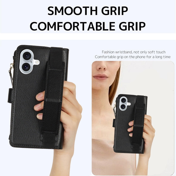For iPhone 16 Plus Wristband Holder Zipper Purse RFID Leather Phone Case