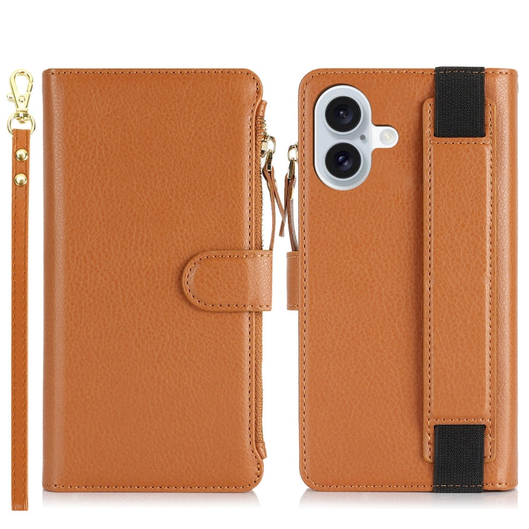 For iPhone 16 Plus Wristband Holder Zipper Purse RFID Leather Phone Case