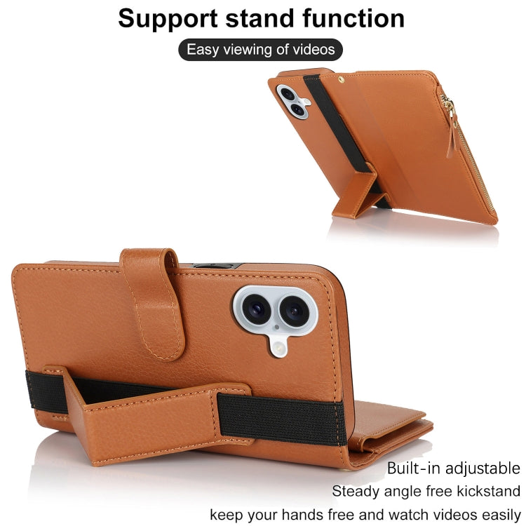 For iPhone 16 Plus Wristband Holder Zipper Purse RFID Leather Phone Case