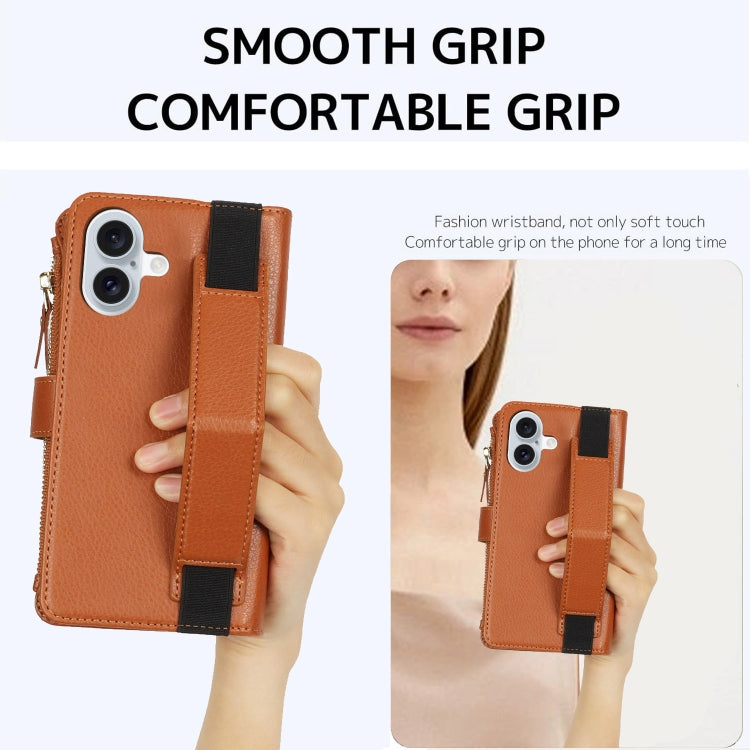 For iPhone 16 Plus Wristband Holder Zipper Purse RFID Leather Phone Case