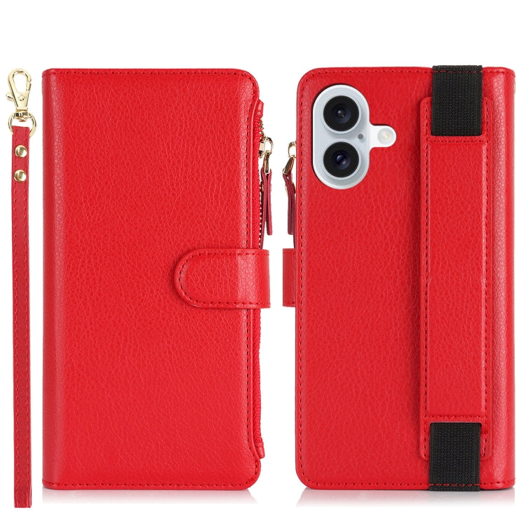 For iPhone 16 Plus Wristband Holder Zipper Purse RFID Leather Phone Case