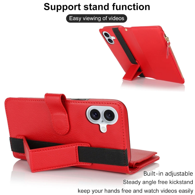 For iPhone 16 Plus Wristband Holder Zipper Purse RFID Leather Phone Case