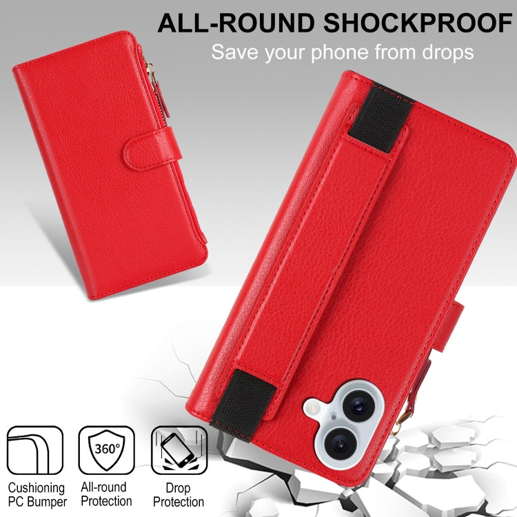For iPhone 16 Plus Wristband Holder Zipper Purse RFID Leather Phone Case