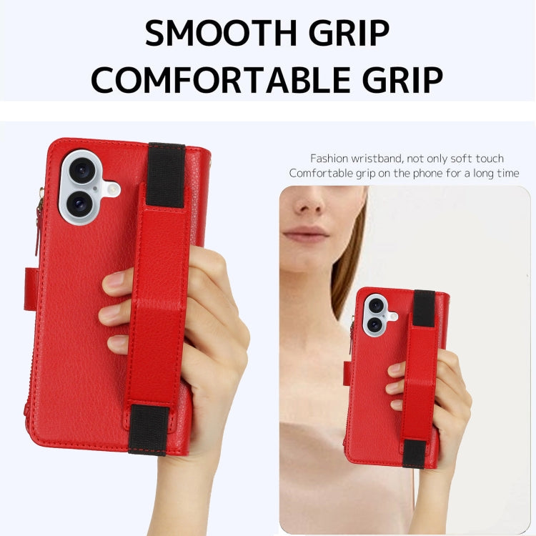 For iPhone 16 Plus Wristband Holder Zipper Purse RFID Leather Phone Case
