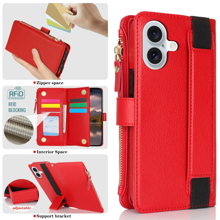 For iPhone 16 Plus Wristband Holder Zipper Purse RFID Leather Phone Case