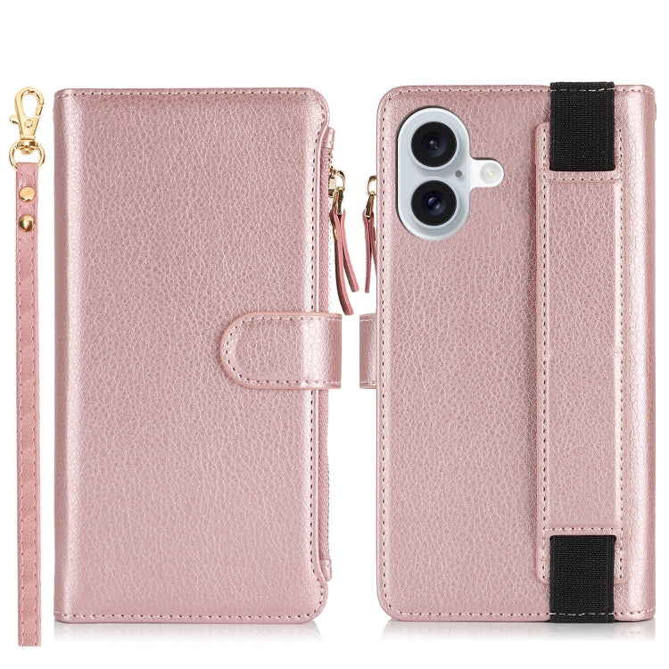 For iPhone 16 Plus Wristband Holder Zipper Purse RFID Leather Phone Case