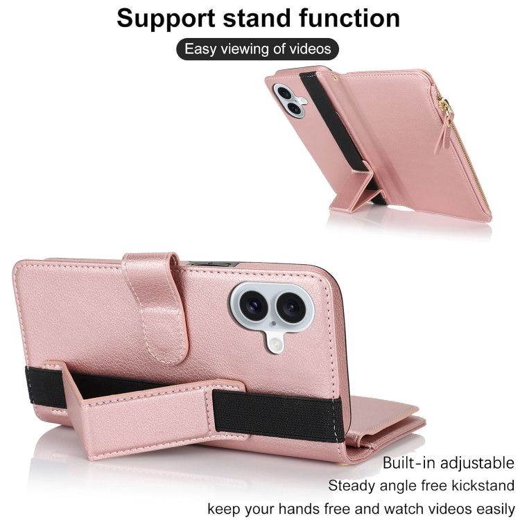 For iPhone 16 Plus Wristband Holder Zipper Purse RFID Leather Phone Case