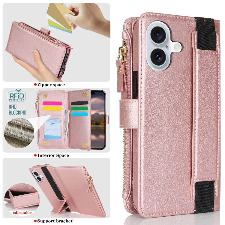 For iPhone 16 Plus Wristband Holder Zipper Purse RFID Leather Phone Case
