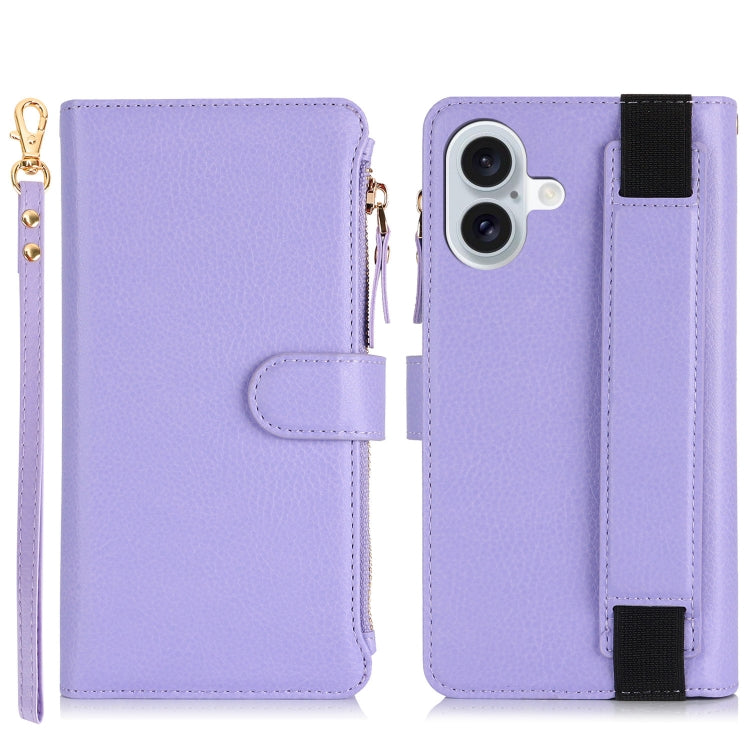 For iPhone 16 Plus Wristband Holder Zipper Purse RFID Leather Phone Case
