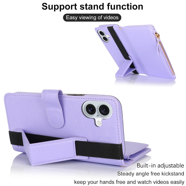 For iPhone 16 Plus Wristband Holder Zipper Purse RFID Leather Phone Case