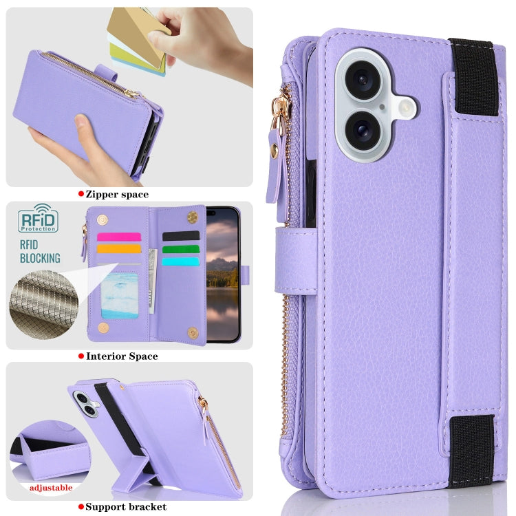 For iPhone 16 Plus Wristband Holder Zipper Purse RFID Leather Phone Case