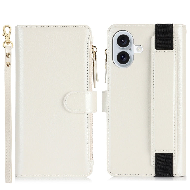 For iPhone 16 Plus Wristband Holder Zipper Purse RFID Leather Phone Case