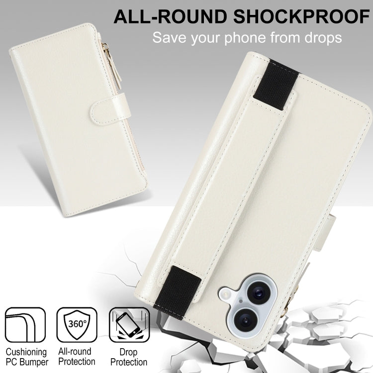 For iPhone 16 Plus Wristband Holder Zipper Purse RFID Leather Phone Case