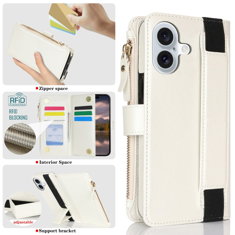 For iPhone 16 Plus Wristband Holder Zipper Purse RFID Leather Phone Case