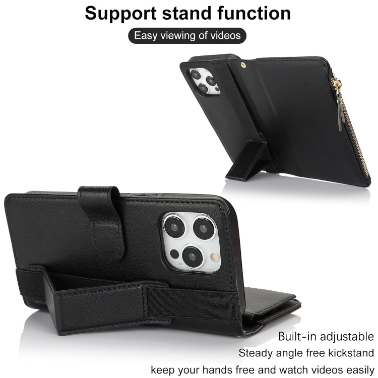 For iPhone 16 Pro Wristband Holder Zipper Purse RFID Leather Phone Case