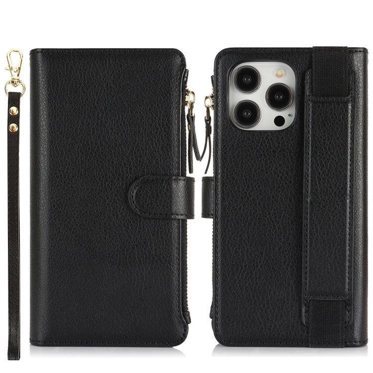For iPhone 16 Pro Max Wristband Holder Zipper Purse RFID Leather Phone Case