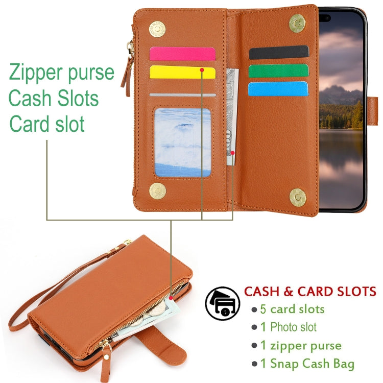 For iPhone 16 Pro Max Wristband Holder Zipper Purse RFID Leather Phone Case