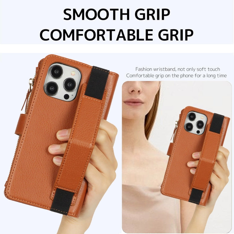 For iPhone 16 Pro Max Wristband Holder Zipper Purse RFID Leather Phone Case