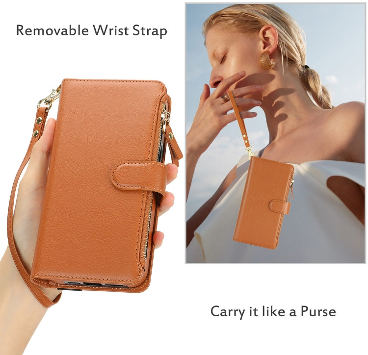 For iPhone 16 Pro Max Wristband Holder Zipper Purse RFID Leather Phone Case