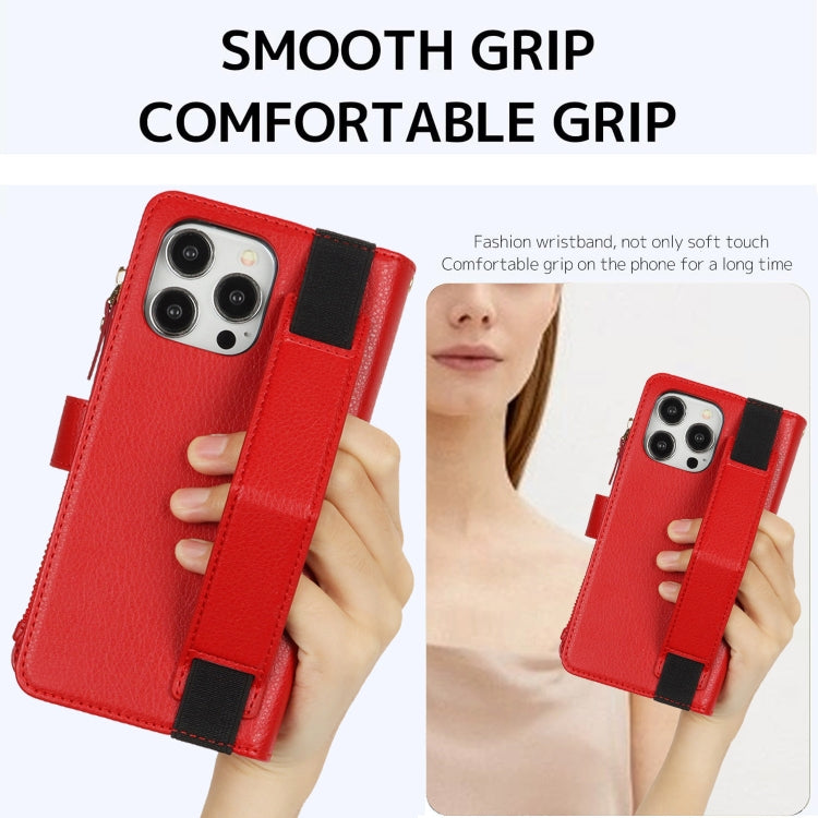 For iPhone 16 Pro Max Wristband Holder Zipper Purse RFID Leather Phone Case