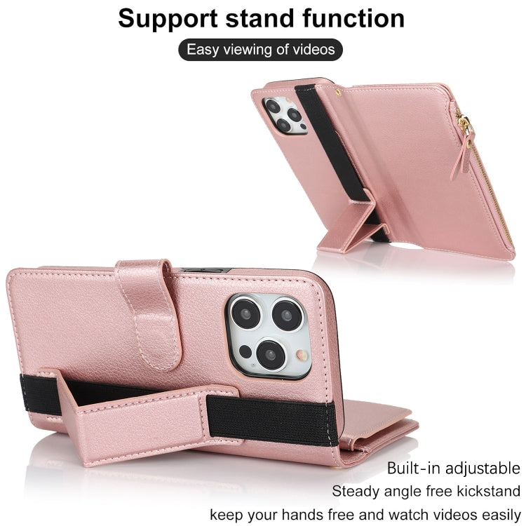 For iPhone 16 Pro Max Wristband Holder Zipper Purse RFID Leather Phone Case