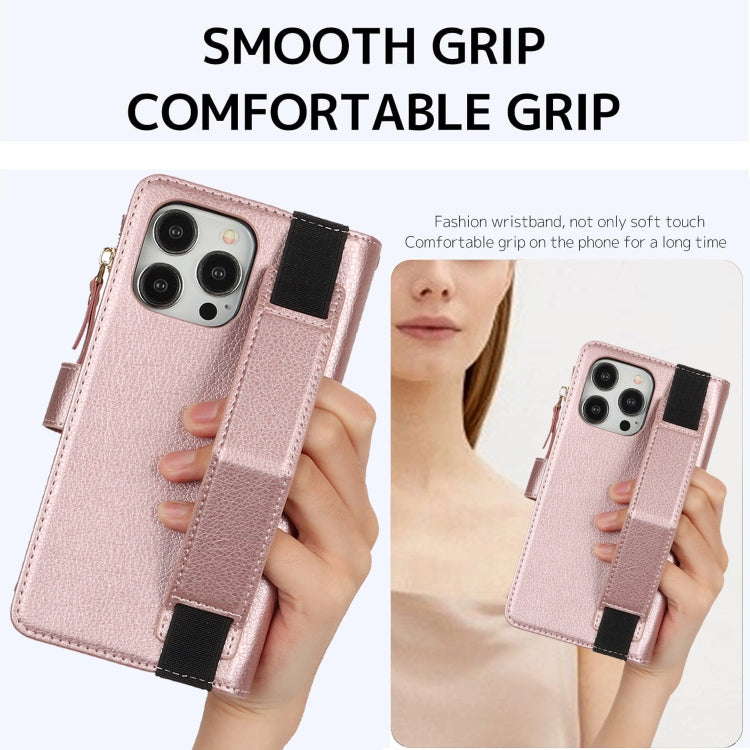 For iPhone 16 Pro Max Wristband Holder Zipper Purse RFID Leather Phone Case