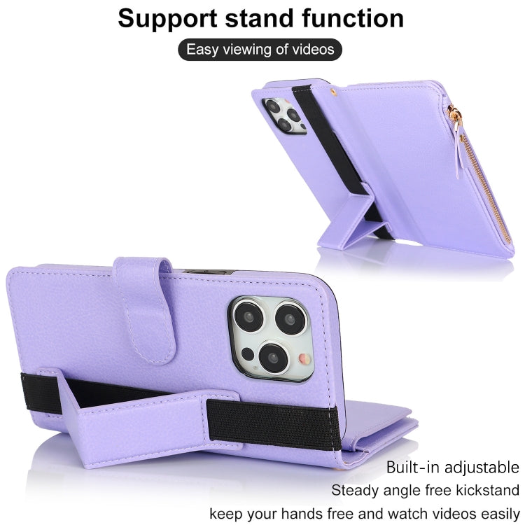 For iPhone 16 Pro Max Wristband Holder Zipper Purse RFID Leather Phone Case