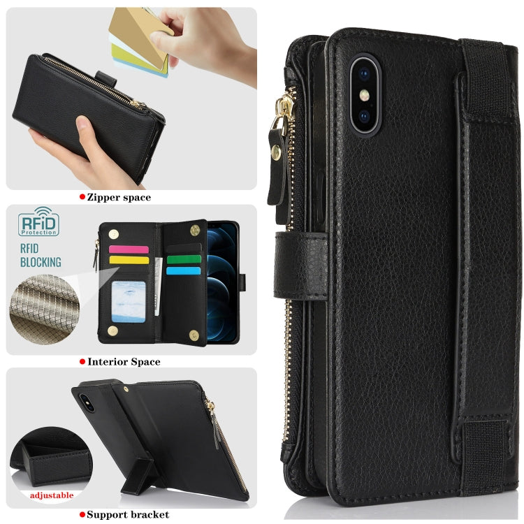 For iPhone XS / X Wristband Holder Zipper Purse RFID Leather Phone Case