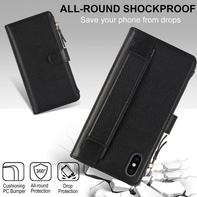 For iPhone XS Max Wristband Holder Zipper Purse RFID Leather Phone Case