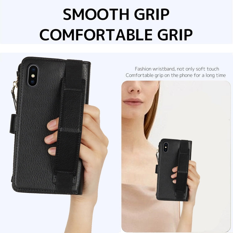 For iPhone XS Max Wristband Holder Zipper Purse RFID Leather Phone Case
