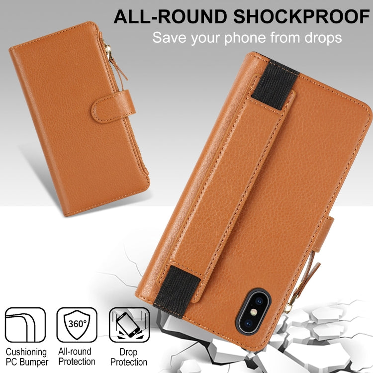 For iPhone XS Max Wristband Holder Zipper Purse RFID Leather Phone Case