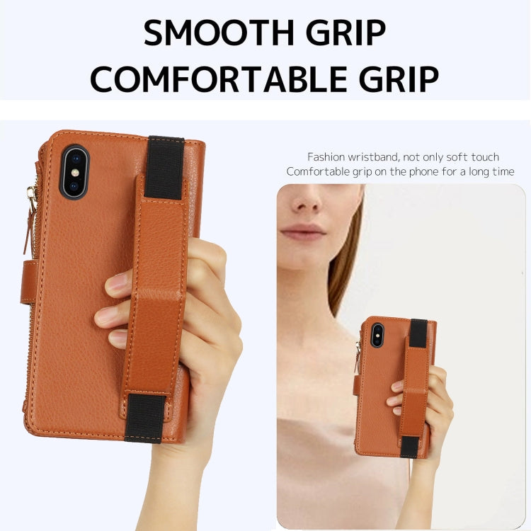 For iPhone XS Max Wristband Holder Zipper Purse RFID Leather Phone Case