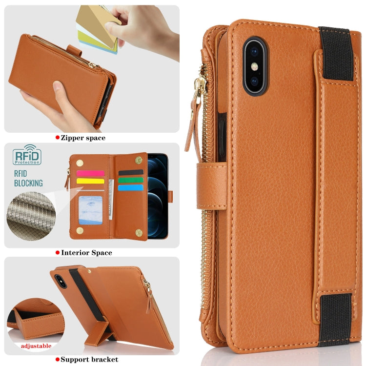 For iPhone XS Max Wristband Holder Zipper Purse RFID Leather Phone Case