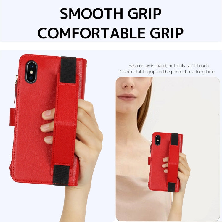 For iPhone XS Max Wristband Holder Zipper Purse RFID Leather Phone Case