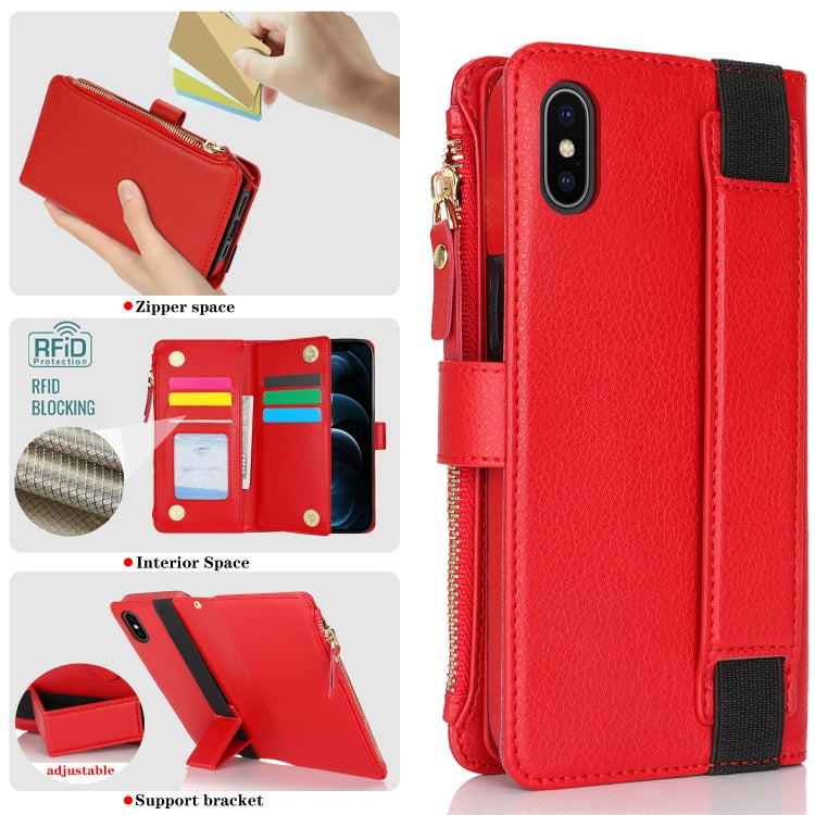 For iPhone XS Max Wristband Holder Zipper Purse RFID Leather Phone Case