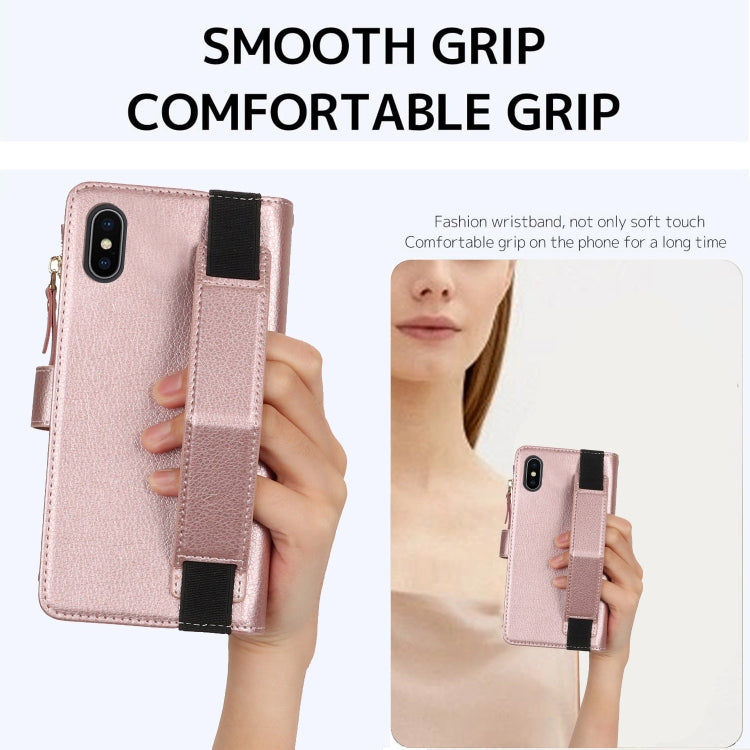 For iPhone XS Max Wristband Holder Zipper Purse RFID Leather Phone Case