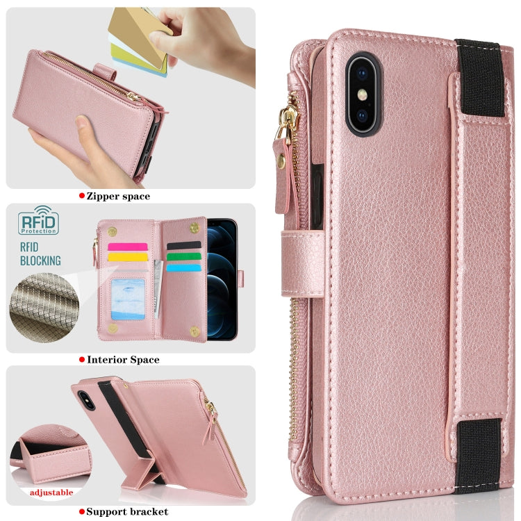 For iPhone XS Max Wristband Holder Zipper Purse RFID Leather Phone Case