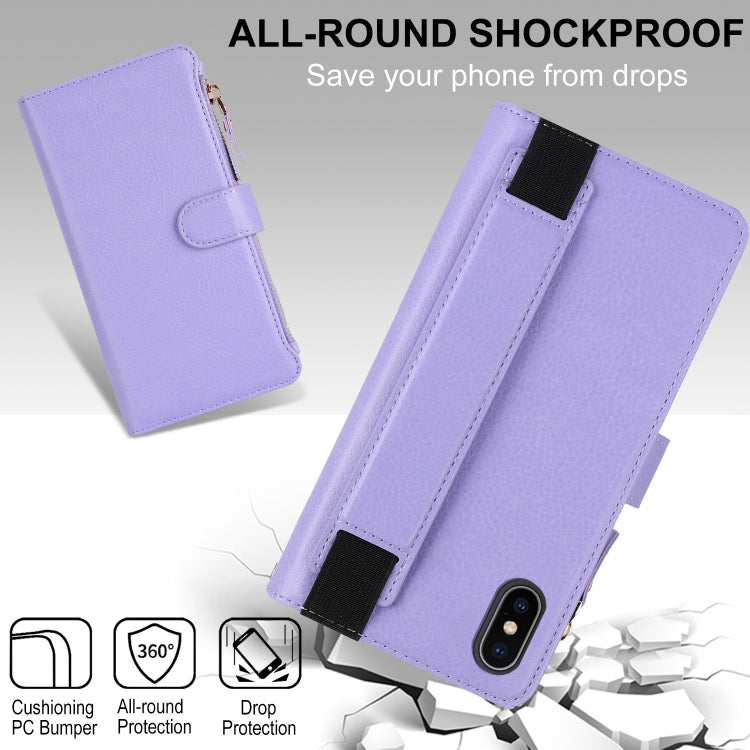 For iPhone XS Max Wristband Holder Zipper Purse RFID Leather Phone Case