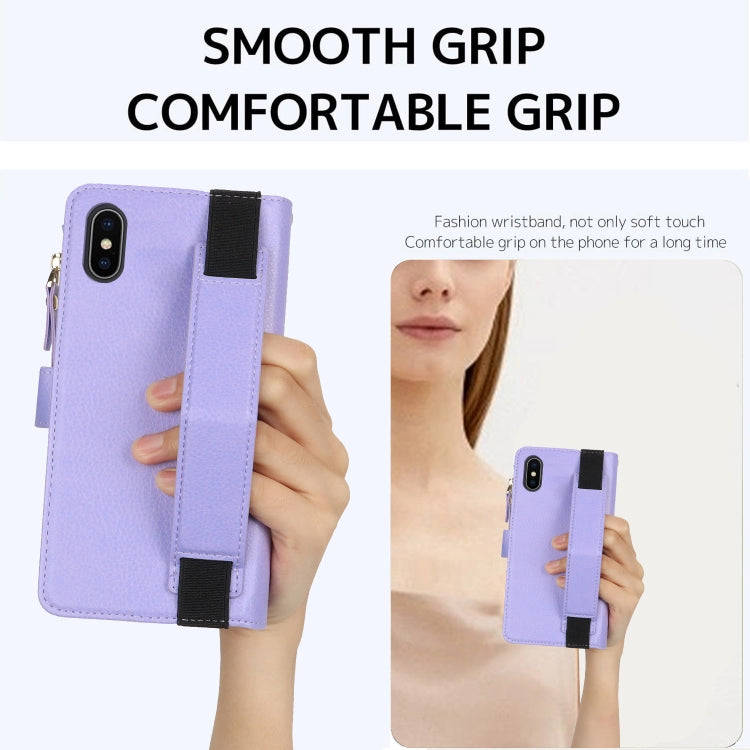 For iPhone XS Max Wristband Holder Zipper Purse RFID Leather Phone Case