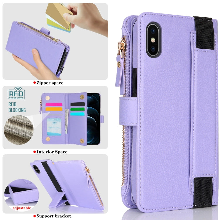 For iPhone XS Max Wristband Holder Zipper Purse RFID Leather Phone Case